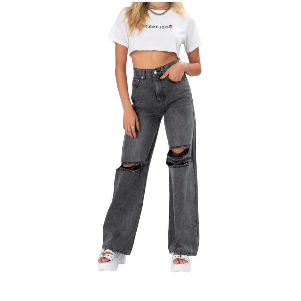 Adika Women's Denim Blaine Faded Black Distressed High-Rise Wide-leg Jeans Sz S